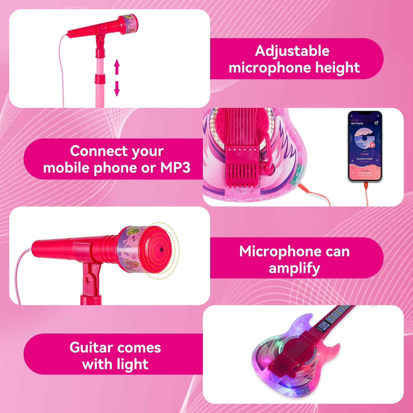 Milk Frog Kids Guitar and Microphone Play Set – Karaoke Machine with Light (Red)