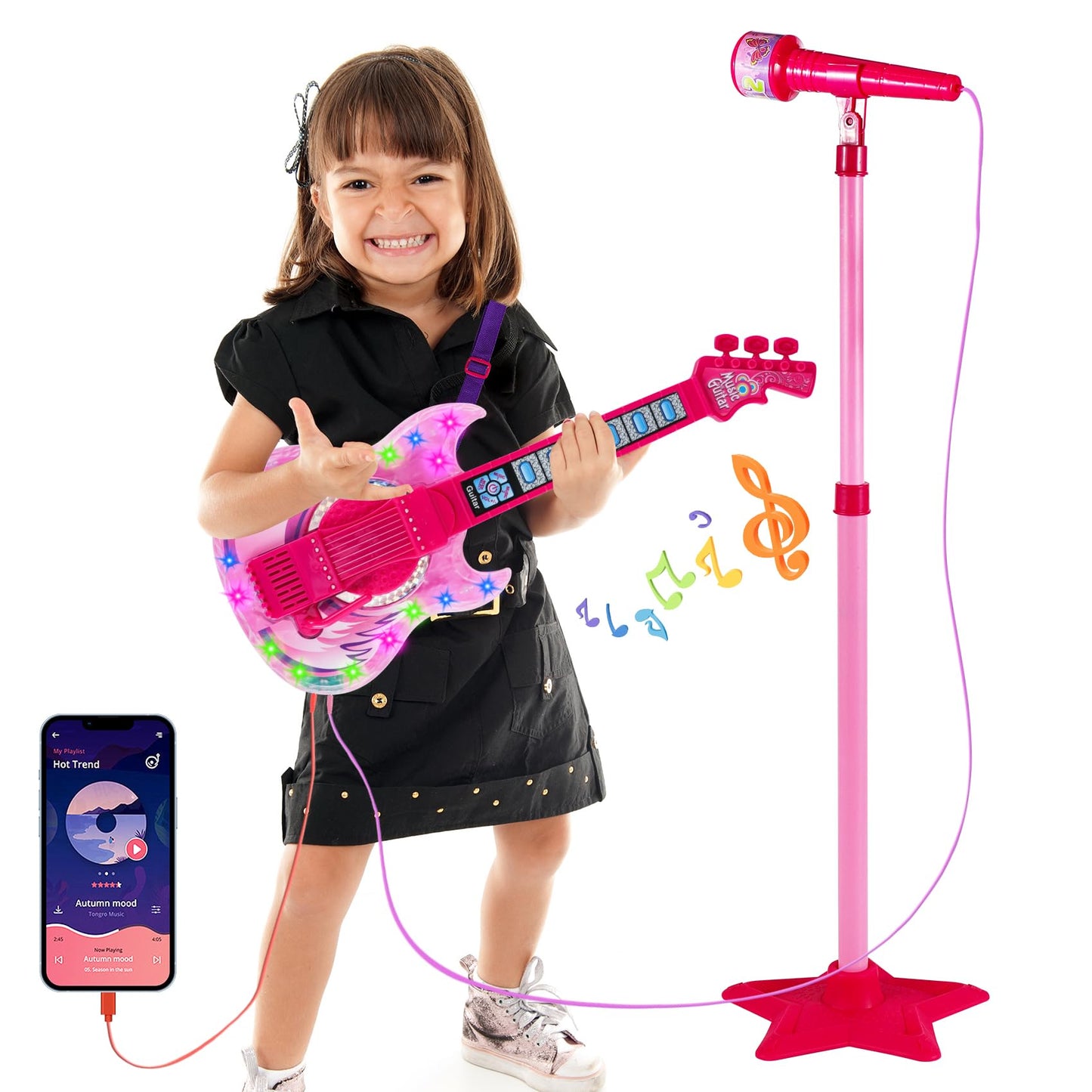 Milk Frog Kids Guitar and Microphone Play Set – Karaoke Machine with Light (Red)