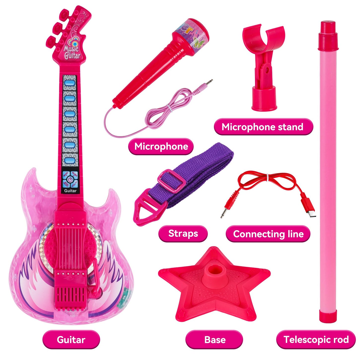 Milk Frog Kids Guitar and Microphone Play Set – Karaoke Machine with Light (Red)