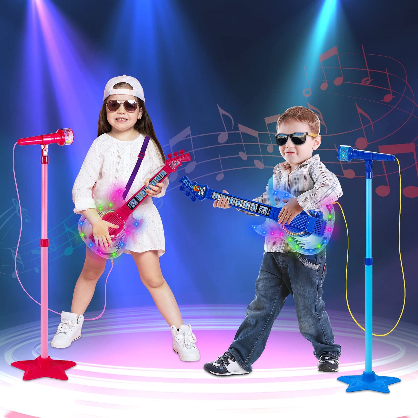 Milk Frog Guitar & Microphone Play Set for Kids – Beginner Karaoke Toy with Light & Stand
