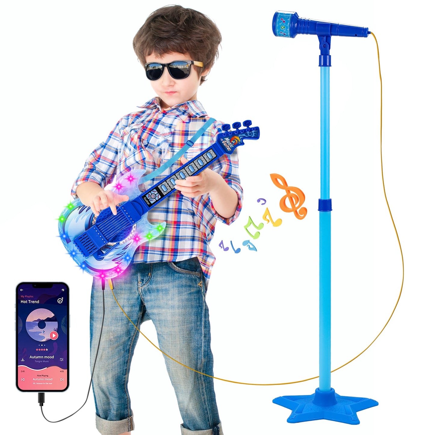 Milk Frog Guitar & Microphone Play Set for Kids – Beginner Karaoke Toy with Light & Stand