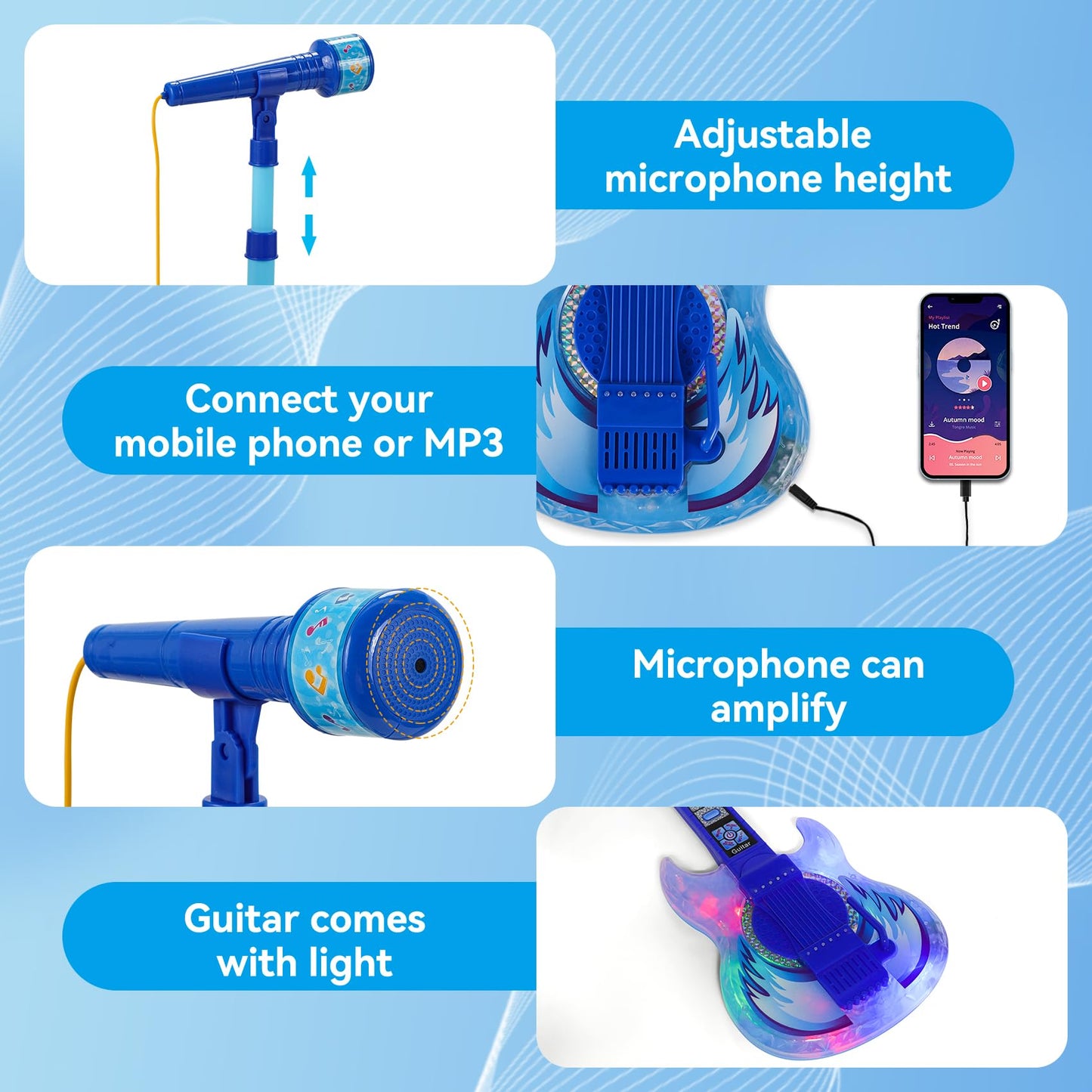 Milk Frog Guitar & Microphone Play Set for Kids – Beginner Karaoke Toy with Light & Stand