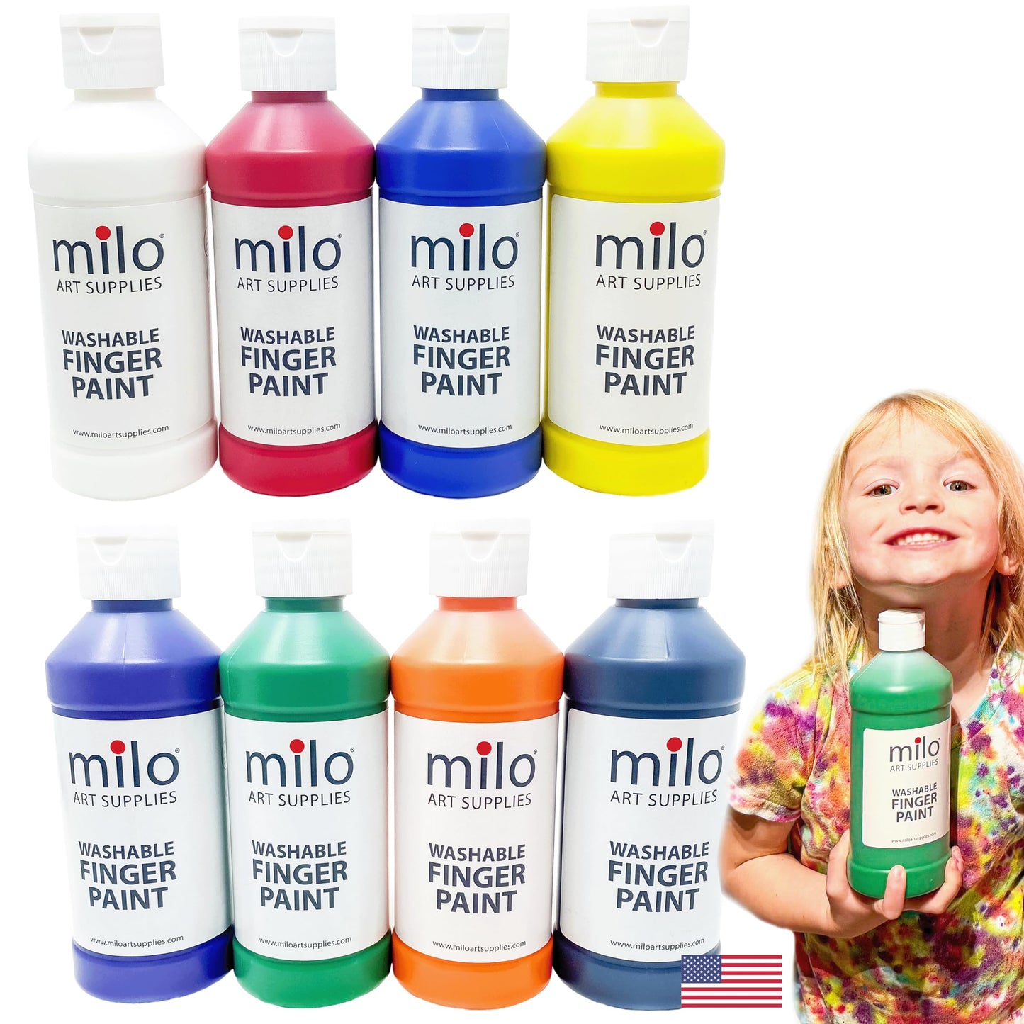 Milo Kids Washable Finger Paint Set – 8 Colors, 8 oz Bottles, Safe & Non-Toxic | Made in USA