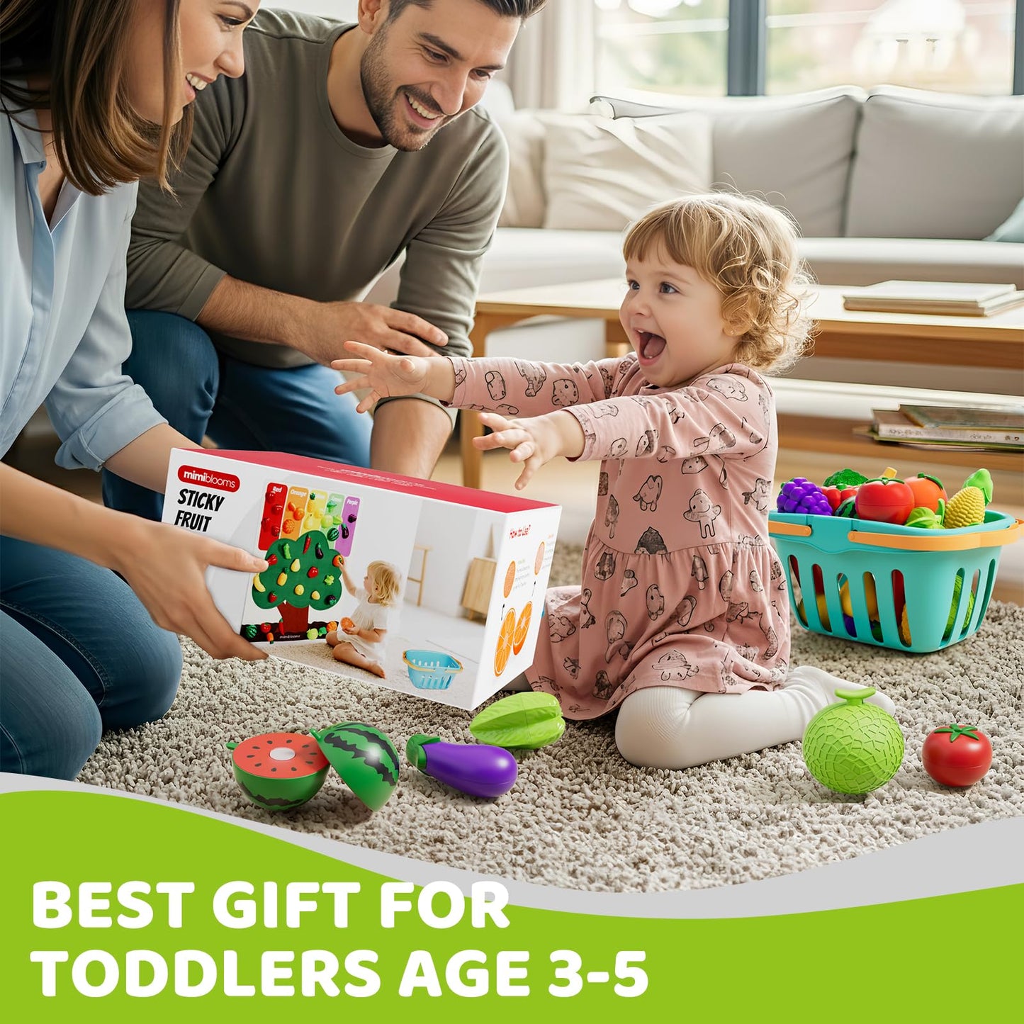 Mimiblooms Play Food Set with Cutting Fruits & Felt Tree Mat | Pretend Kitchen Toys