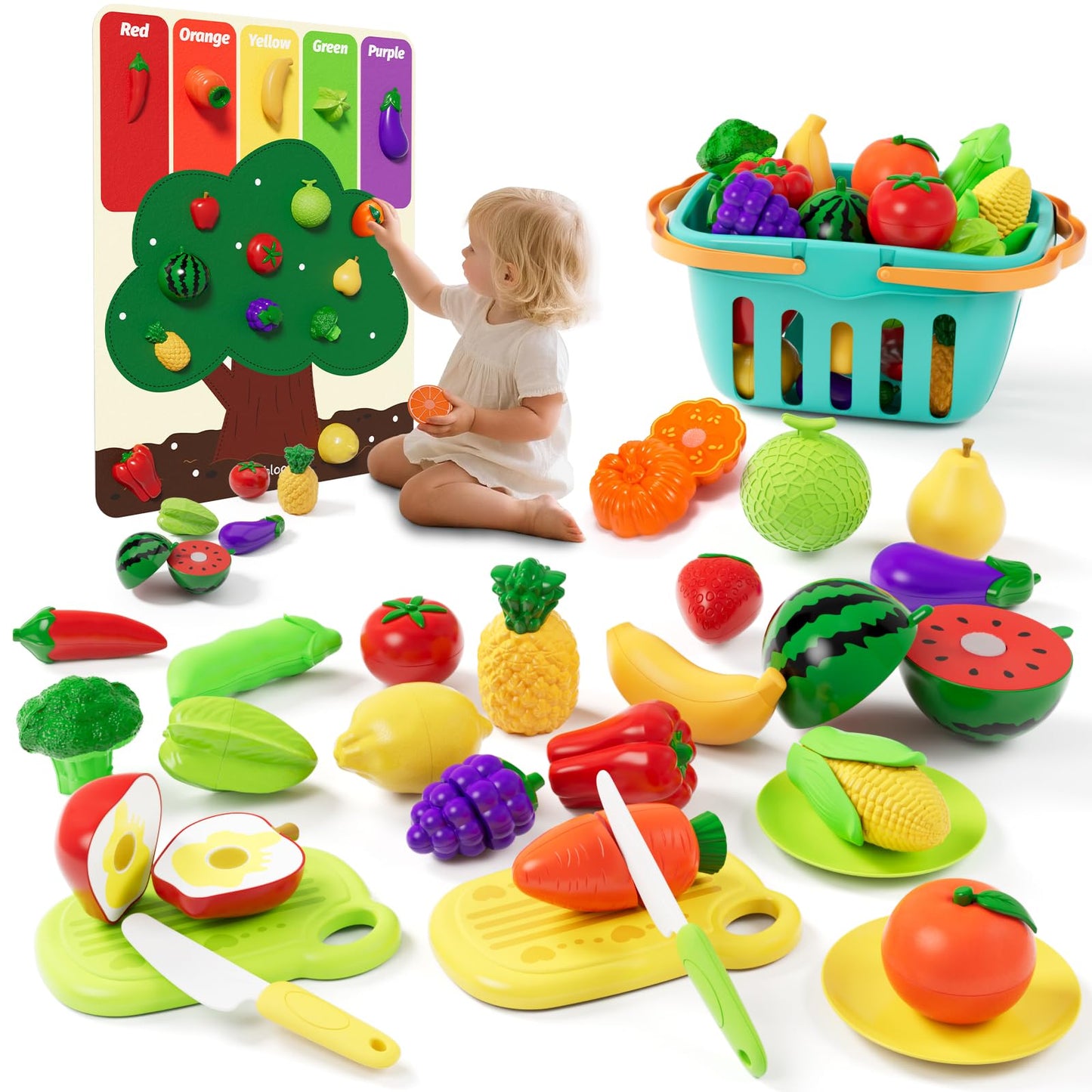 Mimiblooms Play Food Set with Cutting Fruits & Felt Tree Mat | Pretend Kitchen Toys