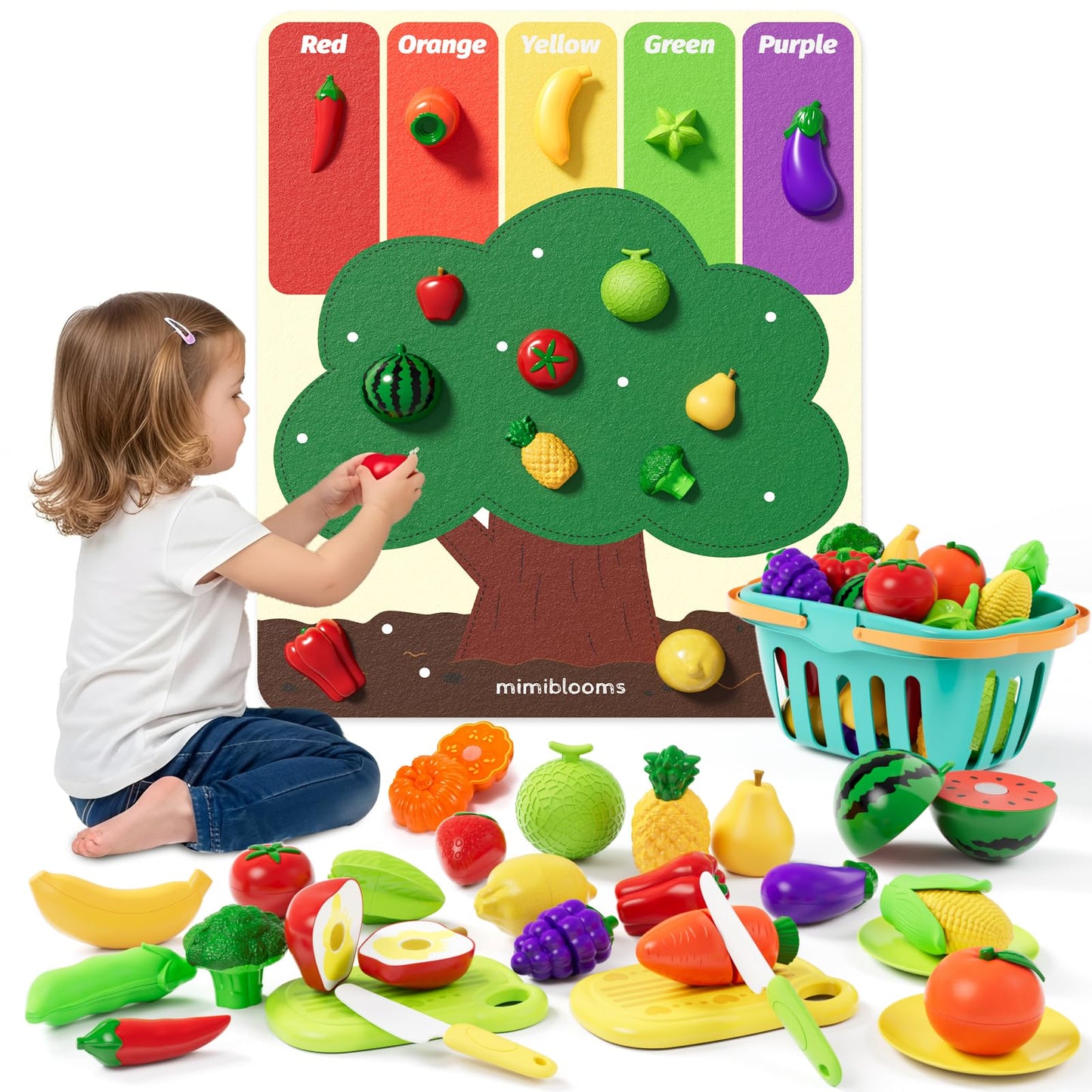 Mimiblooms Play Food Set with Cutting Fruits & Felt Tree Mat | Pretend Kitchen Toys
