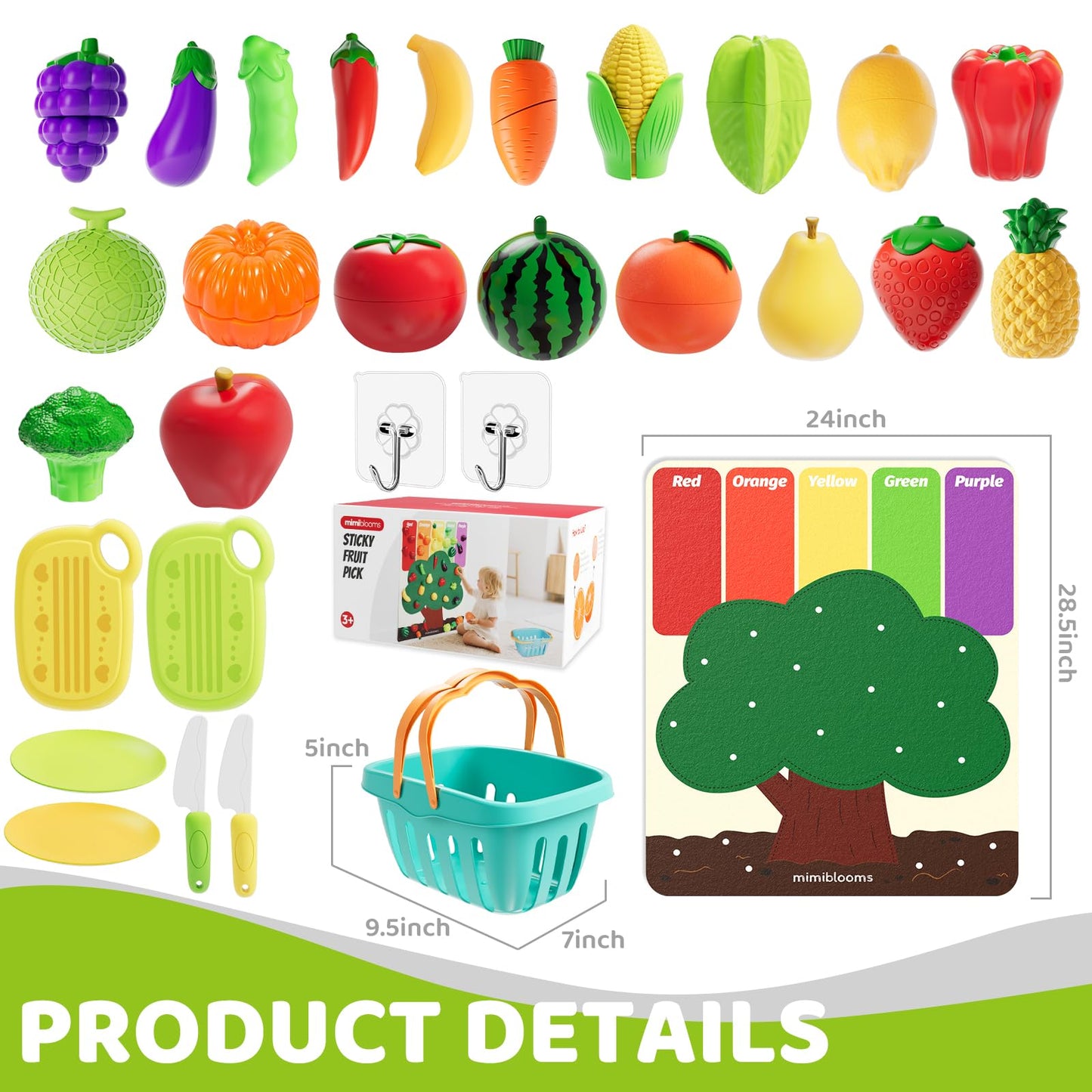 Mimiblooms Play Food Set with Cutting Fruits & Felt Tree Mat | Pretend Kitchen Toys