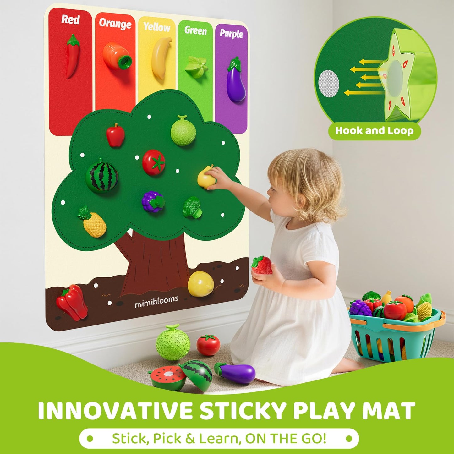 Mimiblooms Play Food Set with Cutting Fruits & Felt Tree Mat | Pretend Kitchen Toys