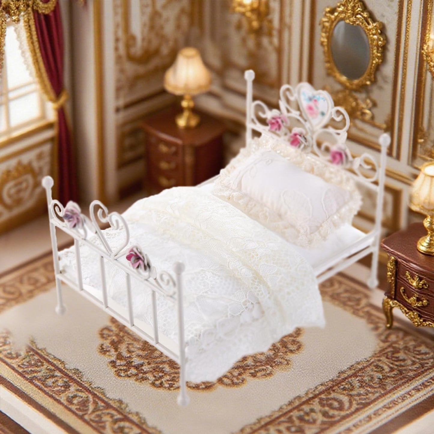 Minamzee 1:12 Dollhouse Iron Bed - White with Floral Engravings