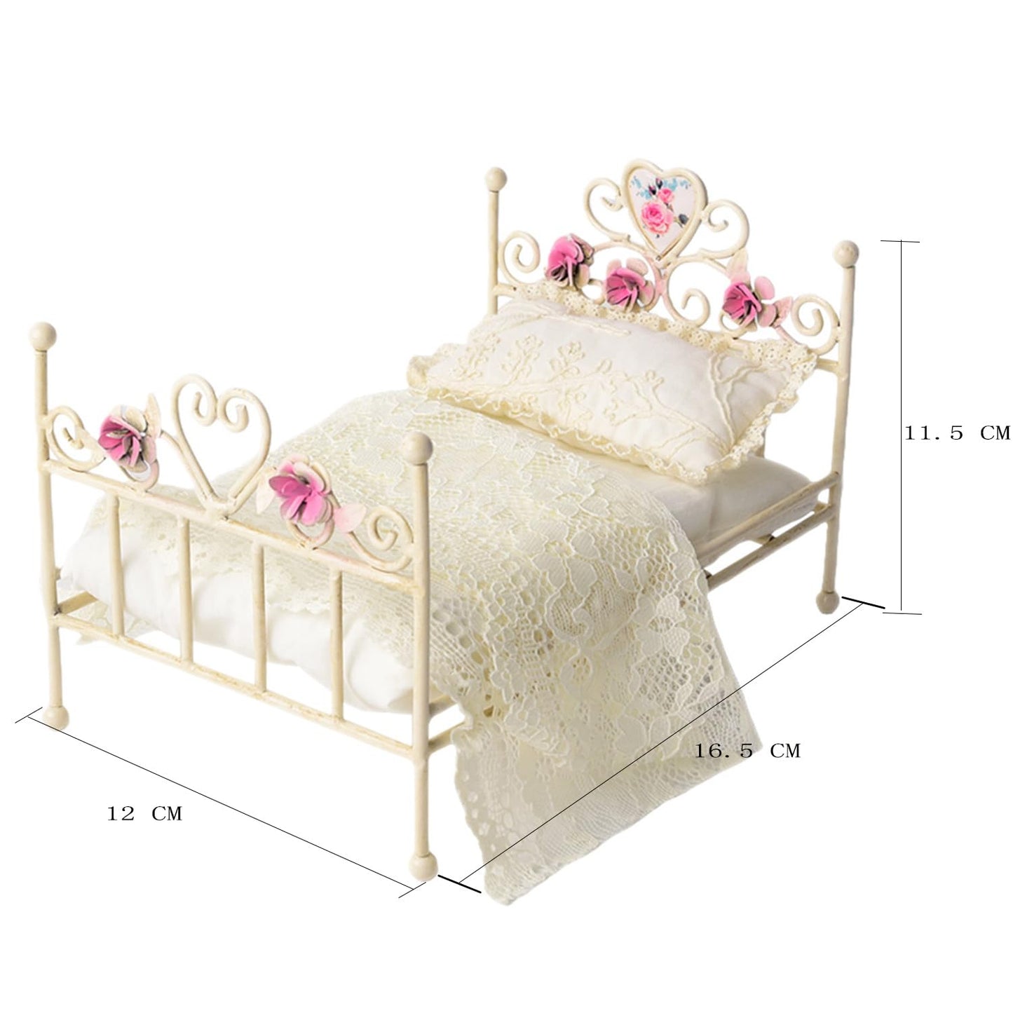 Minamzee 1:12 Dollhouse Iron Bed - White with Floral Engravings