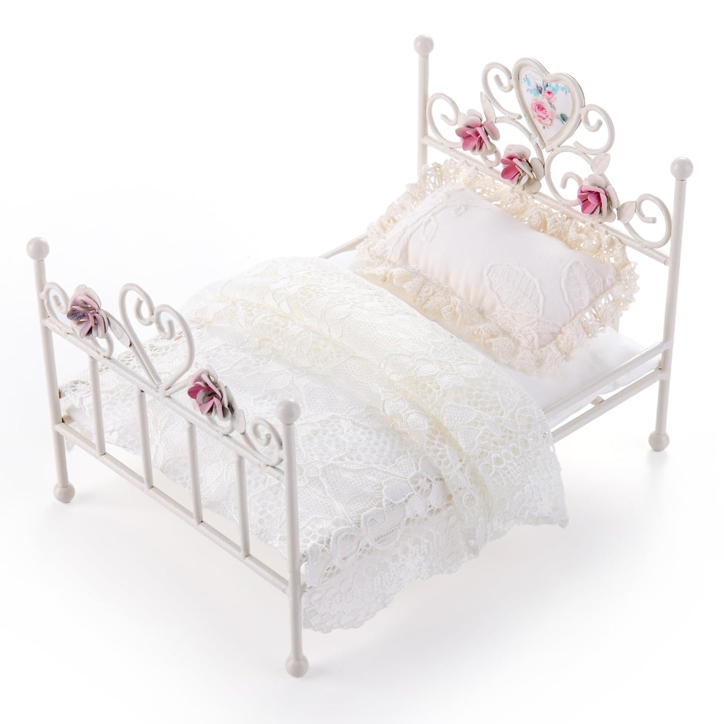 Minamzee 1:12 Dollhouse Iron Bed - White with Floral Engravings