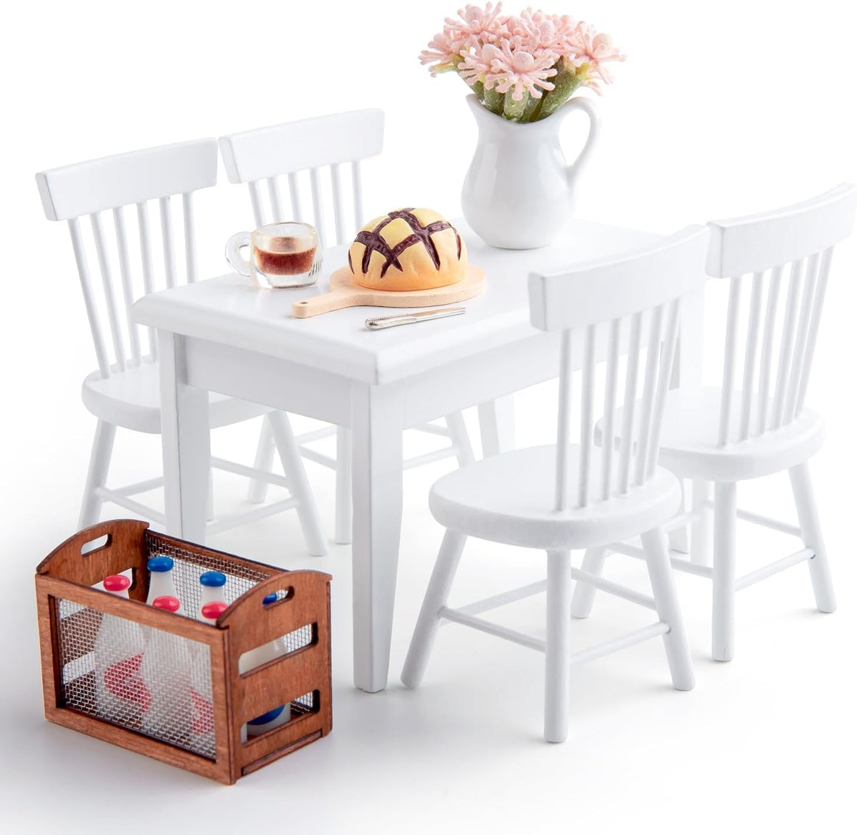Minamzee 1/12 Dollhouse Table & Chair Set – 17pc Wooden Miniature Dining Room