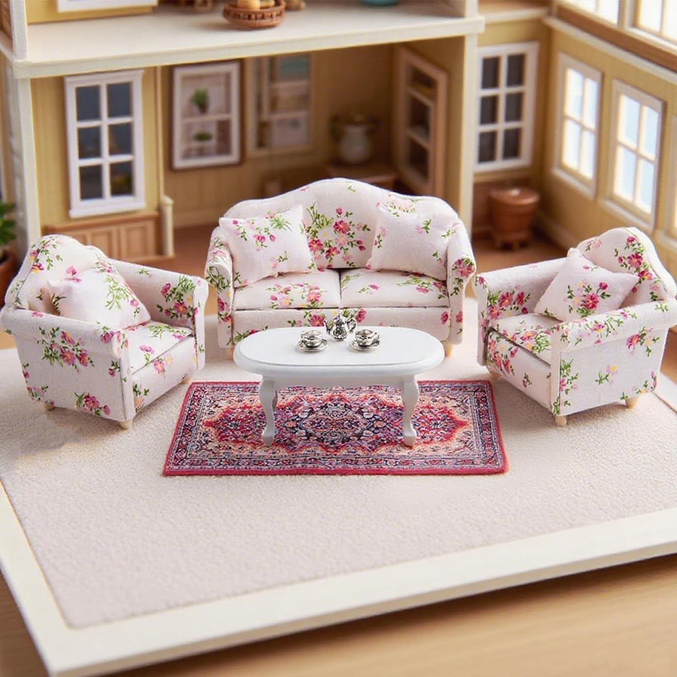 Minamzee 1:12 Dollhouse Couch Set – 1:12 Scale Wooden Miniature Living Room Furniture
