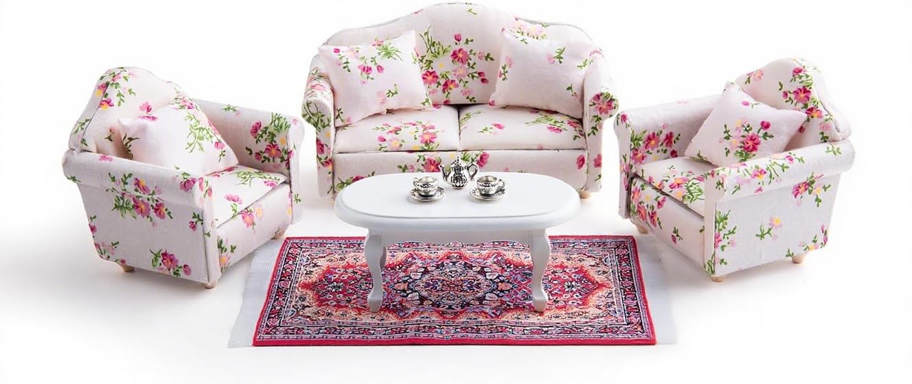 Minamzee 1:12 Dollhouse Couch Set – 1:12 Scale Wooden Miniature Living Room Furniture