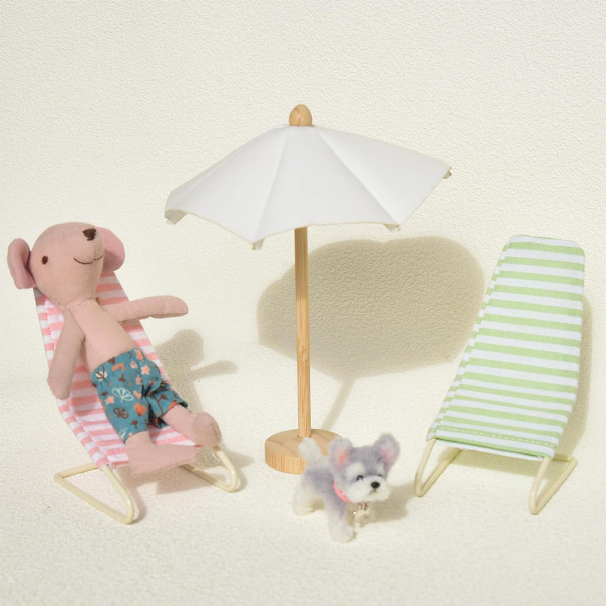 Minamzee 1:12 Miniature Beach Accessories Set — Metal Beach Recliners, Wooden Sun Umbrella & Folding Table (Blue + Yellow)