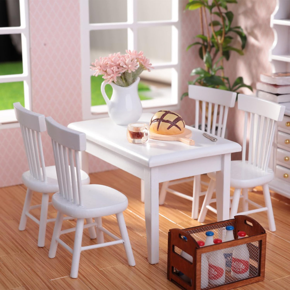 Minamzee 1/12 Dollhouse Table & Chair Set – 17pc Wooden Miniature Dining Room