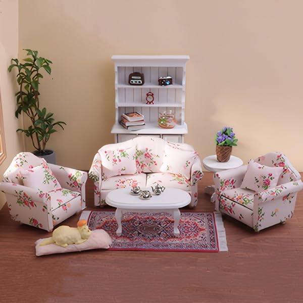 Minamzee 1:12 Dollhouse Couch Set – 1:12 Scale Wooden Miniature Living Room Furniture