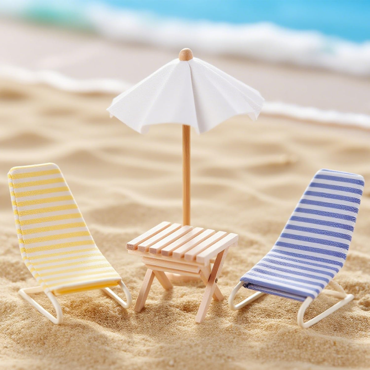 Minamzee 1:12 Miniature Beach Accessories Set — Metal Beach Recliners, Wooden Sun Umbrella & Folding Table (Blue + Yellow)