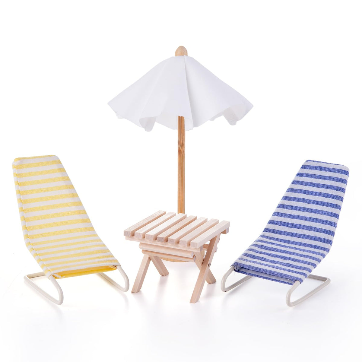 Minamzee 1:12 Miniature Beach Accessories Set — Metal Beach Recliners, Wooden Sun Umbrella & Folding Table (Blue + Yellow)