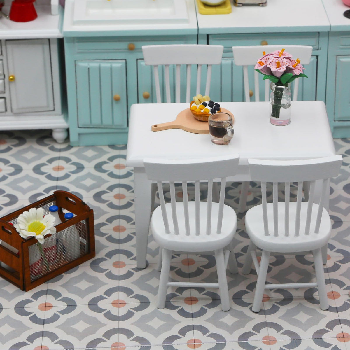 Minamzee 1/12 Dollhouse Table & Chair Set – 17pc Wooden Miniature Dining Room