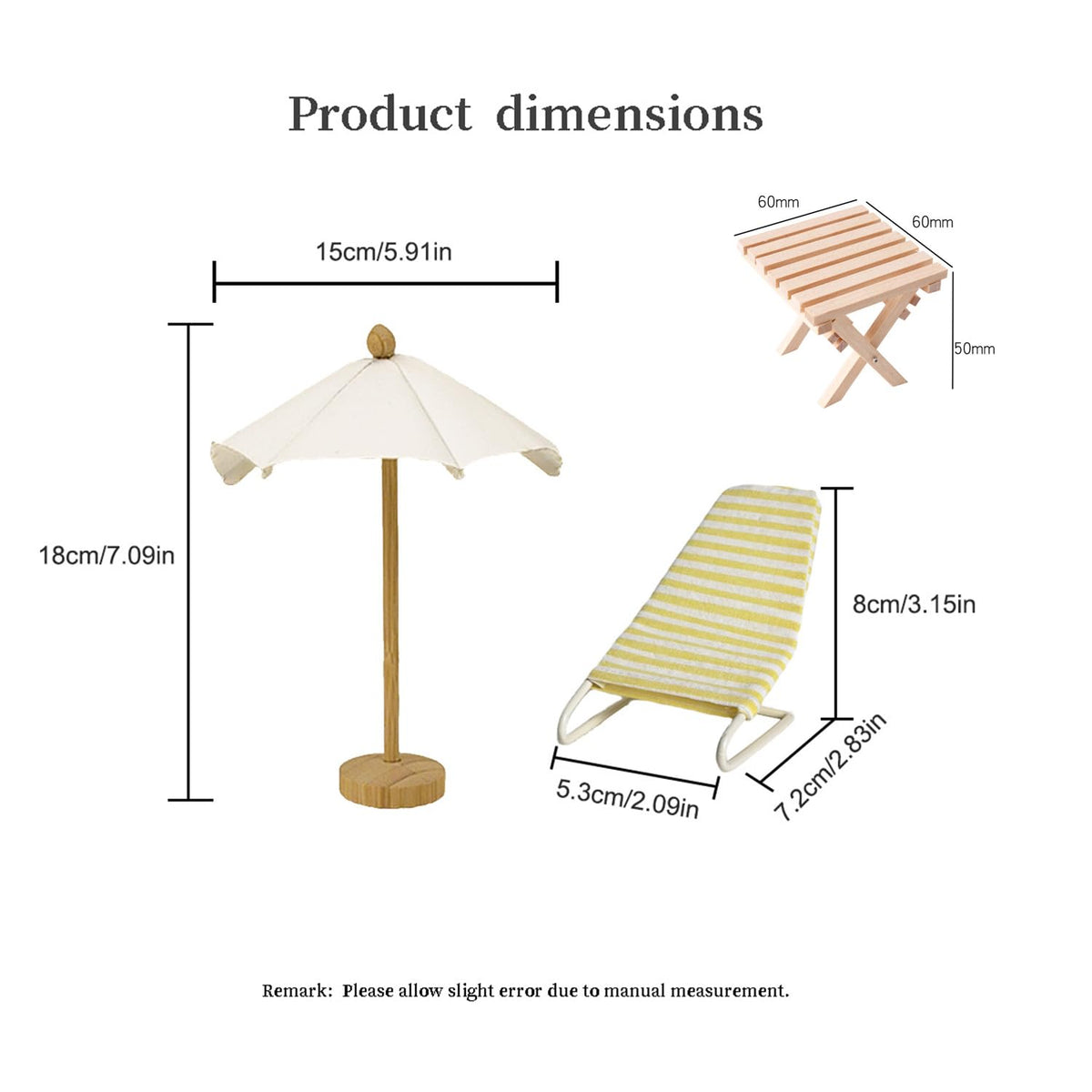 Minamzee 1:12 Miniature Beach Accessories Set — Metal Beach Recliners, Wooden Sun Umbrella & Folding Table (Blue + Yellow)