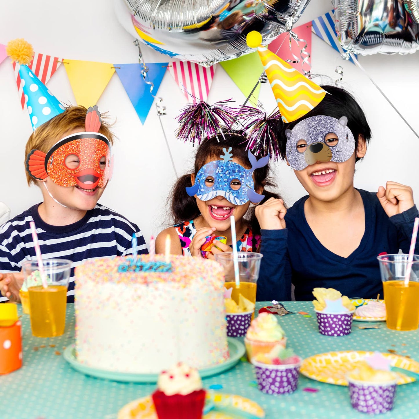 Minatee 24 Pieces Kids Ocean Animal Masks – Under the Sea Party Props & Decor