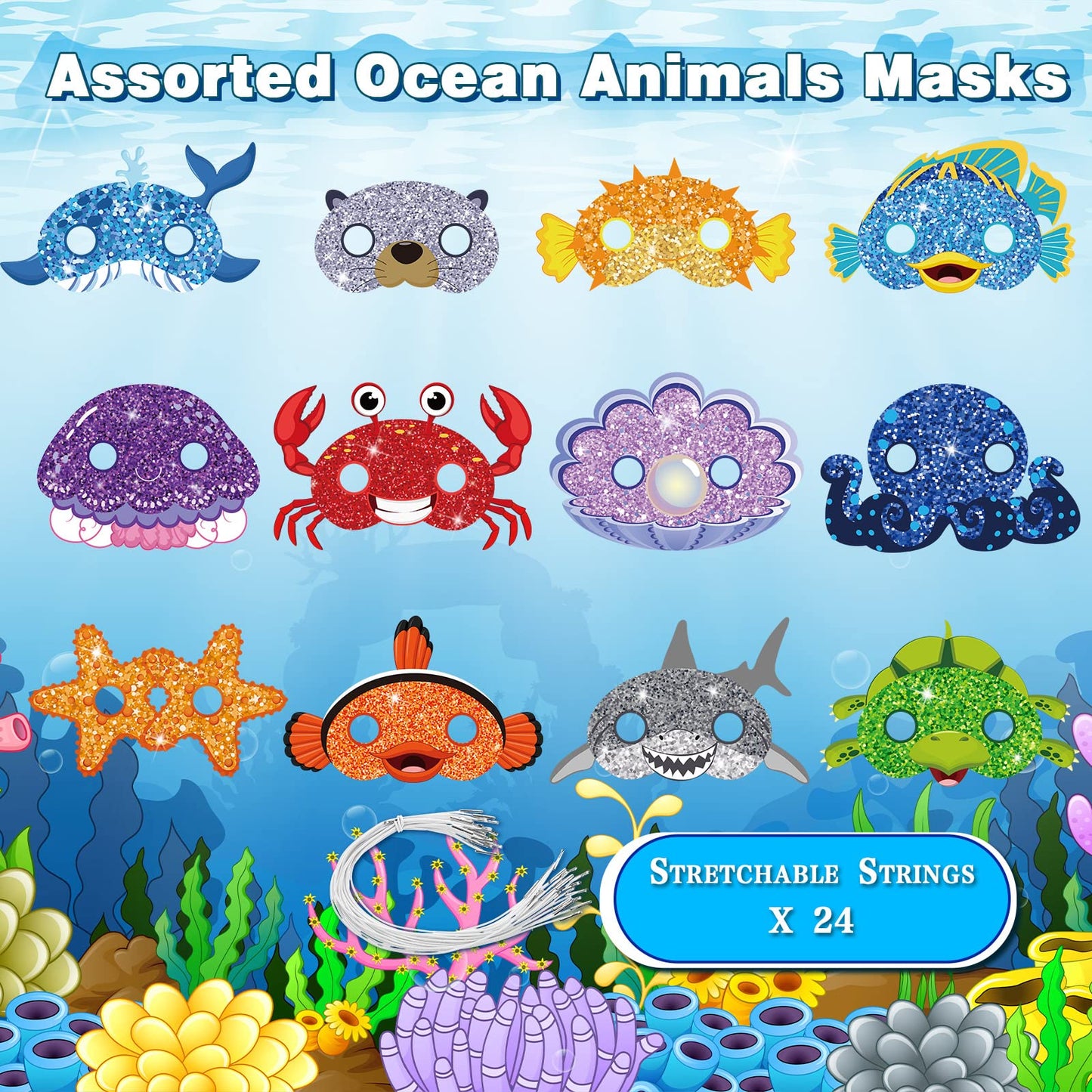 Minatee 24 Pieces Kids Ocean Animal Masks – Under the Sea Party Props & Decor