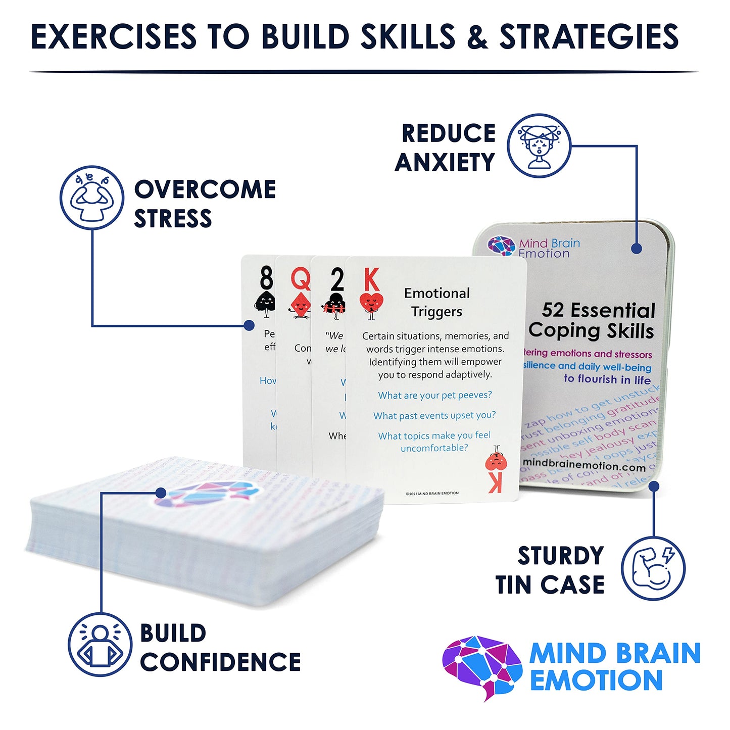 Mind Brain Emotion 52 Essential Coping Skills Cards – Self-Care Exercises for Stress Relief & Social Anxiety