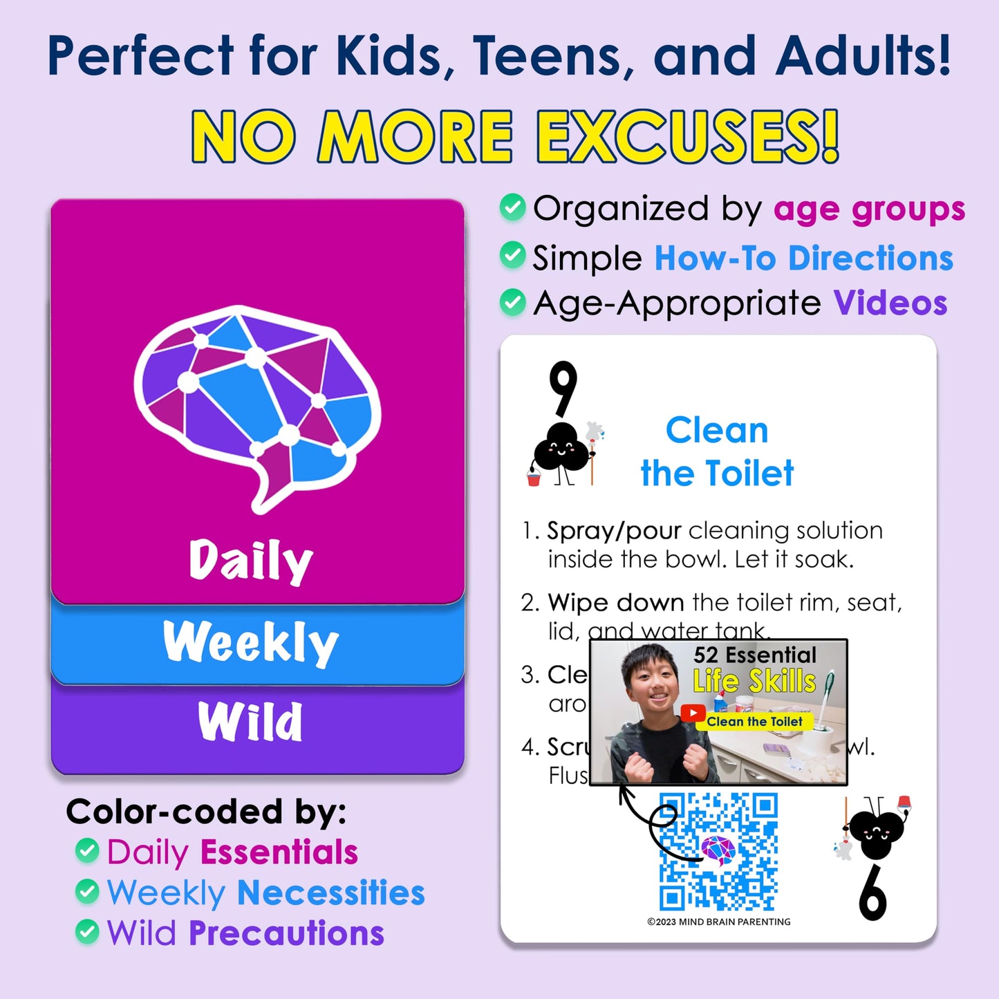 Mind Brain Emotion 52 Essential Life Skills Card Game | No-Excuses Family Chores & Self-Care for All Ages