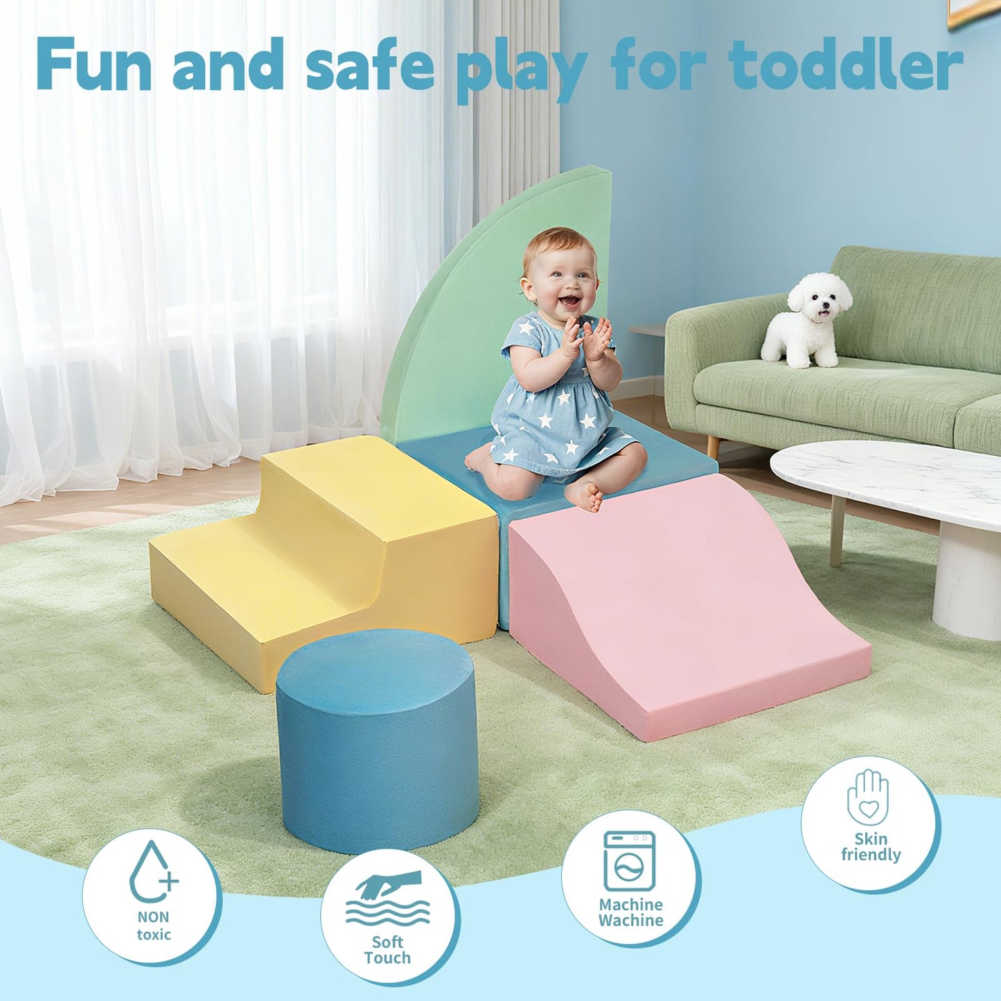 MIND&ACTION 5-Piece Toddler Climbing Toys Indoor - Soft Foam Blocks & Tunnel