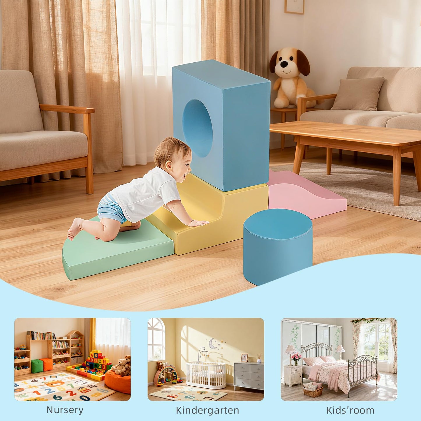 MIND&ACTION 5-Piece Toddler Climbing Toys Indoor - Soft Foam Blocks & Tunnel