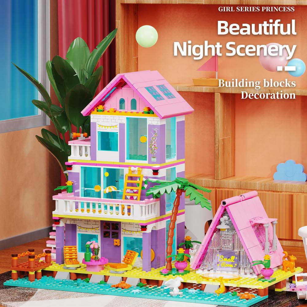 MindBox Girl Beach House Building Blocks – Seaside Villa with LED Light, 791 Pieces