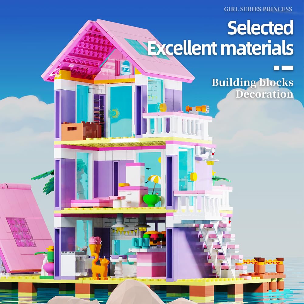 MindBox Girl Beach House Building Blocks – Seaside Villa with LED Light, 791 Pieces