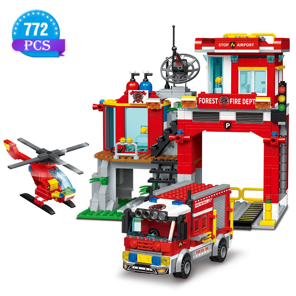 MindBox City Fire Rescue Building Set – Fire Station, Truck & Helicopter (772pcs) for Kids 8+ | MindBox