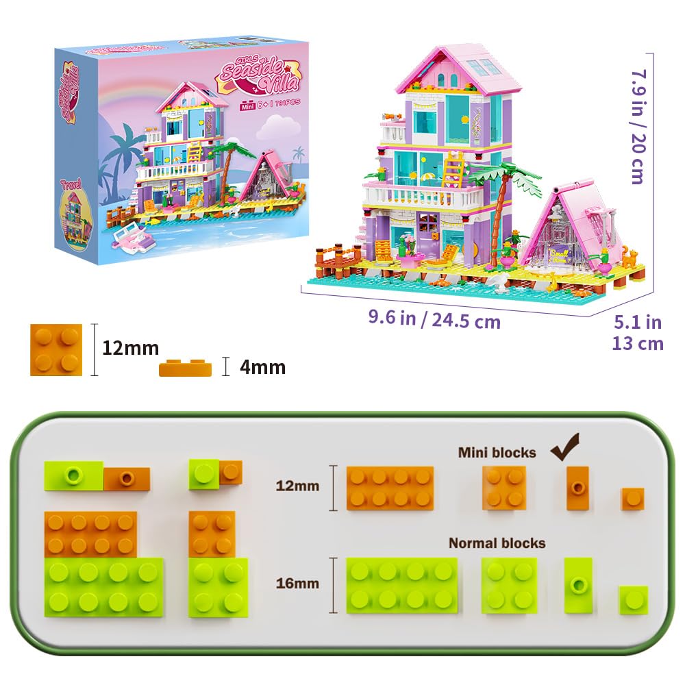 MindBox Girl Beach House Building Blocks – Seaside Villa with LED Light, 791 Pieces