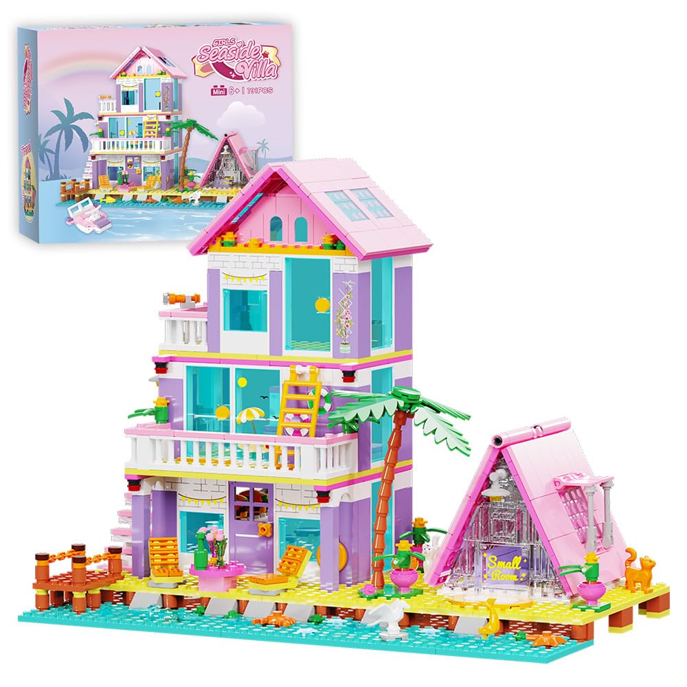 MindBox Girl Beach House Building Blocks – Seaside Villa with LED Light, 791 Pieces