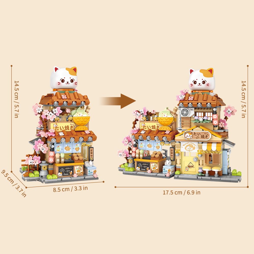 MindBox Lucky Cat Building Set – Openable Taiyaki Shop 923PCS | Creative Mini Brick Toy for Kids 8+