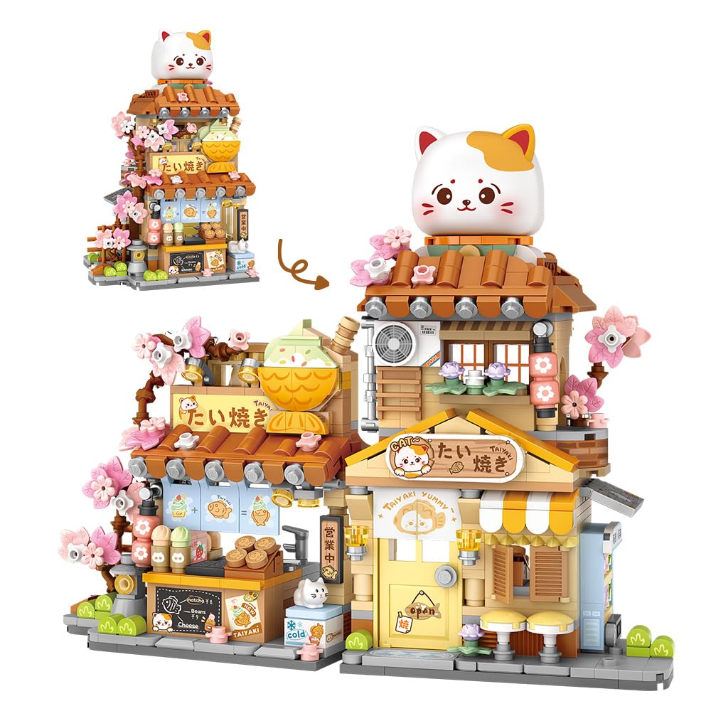 MindBox Lucky Cat Building Set – Openable Taiyaki Shop 923PCS | Creative Mini Brick Toy for Kids 8+