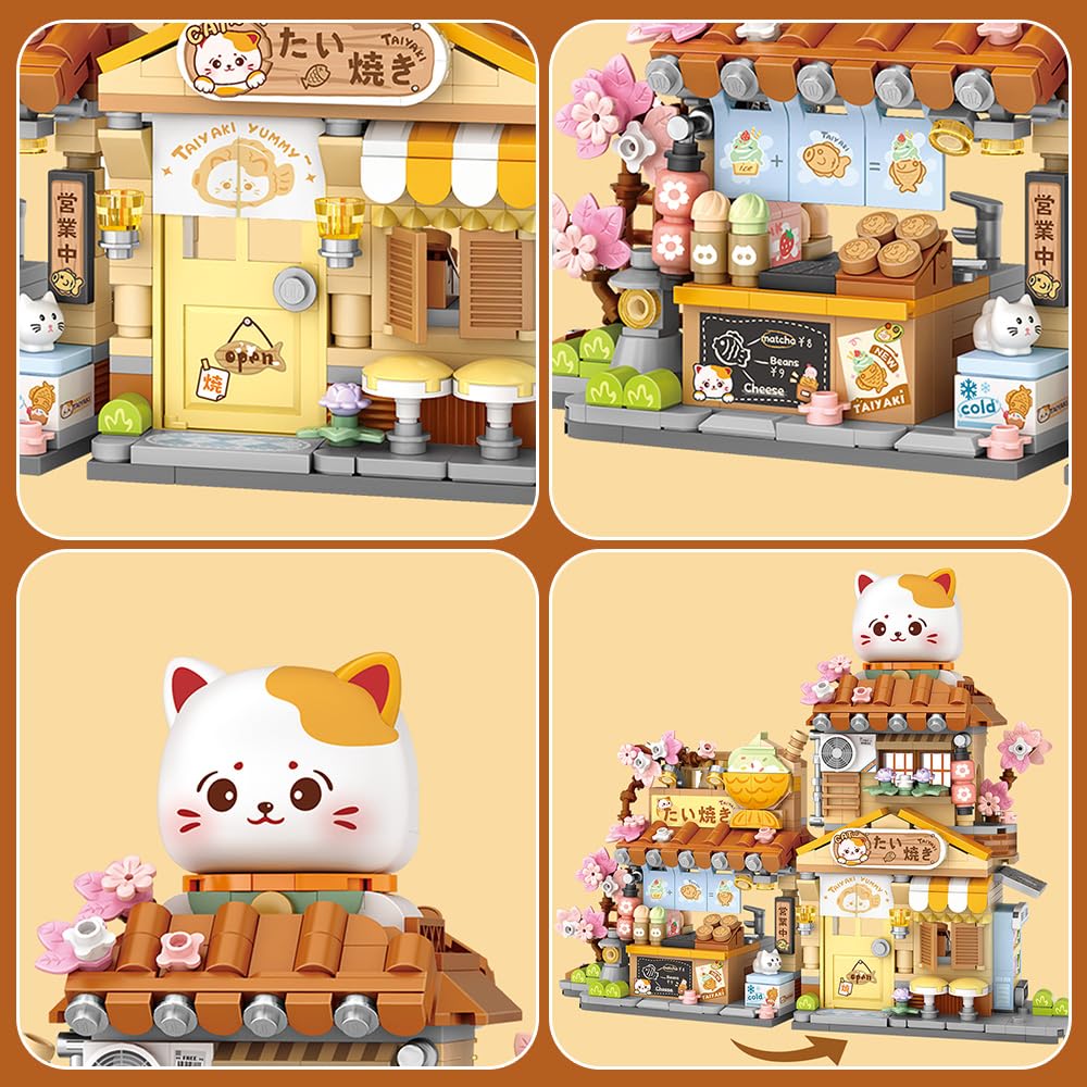 MindBox Lucky Cat Building Set – Openable Taiyaki Shop 923PCS | Creative Mini Brick Toy for Kids 8+