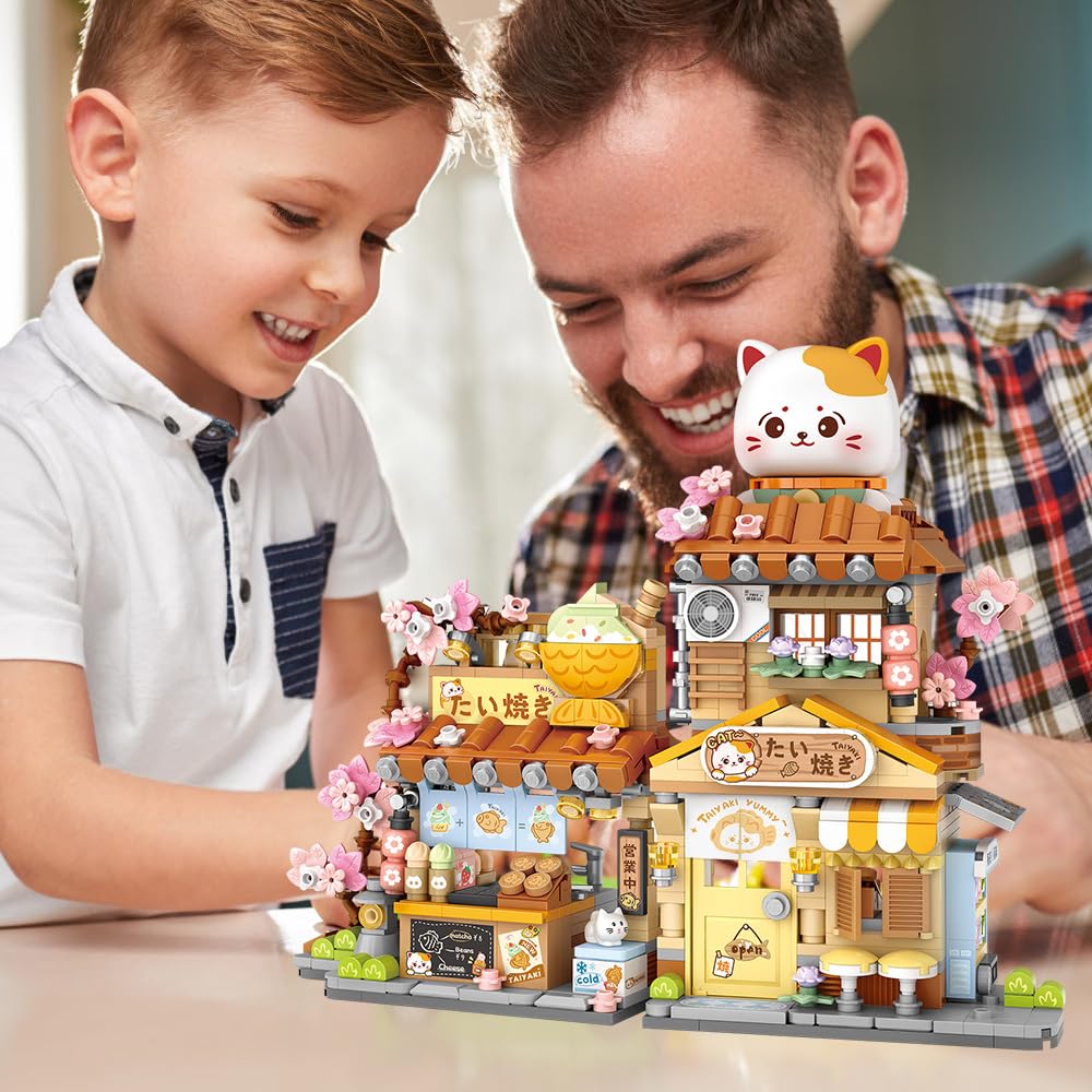 MindBox Lucky Cat Building Set – Openable Taiyaki Shop 923PCS | Creative Mini Brick Toy for Kids 8+