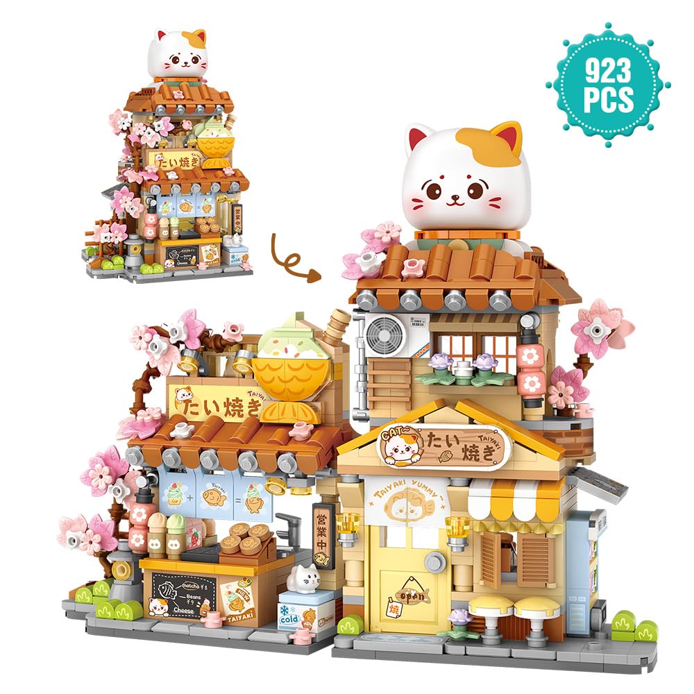 MindBox Lucky Cat Building Set – Openable Taiyaki Shop 923PCS | Creative Mini Brick Toy for Kids 8+