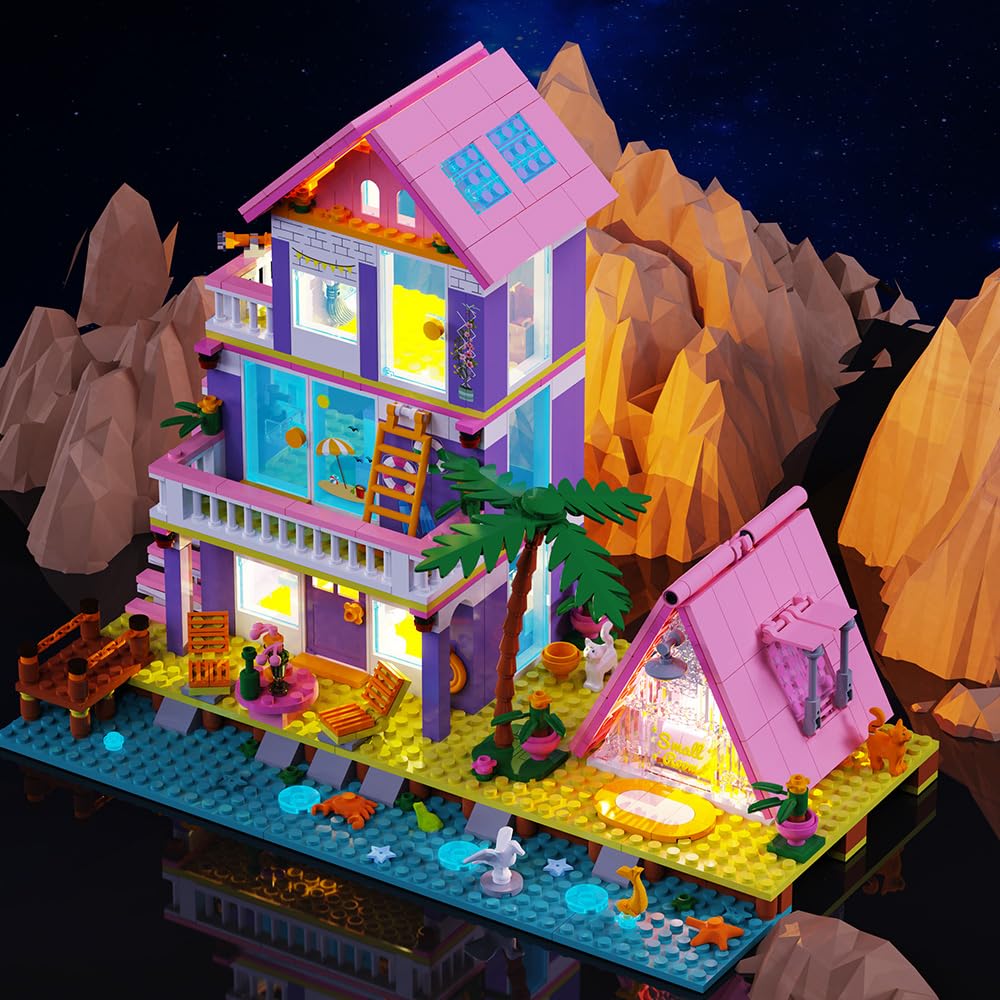 MindBox Girl Beach House Building Blocks – Seaside Villa with LED Light, 791 Pieces