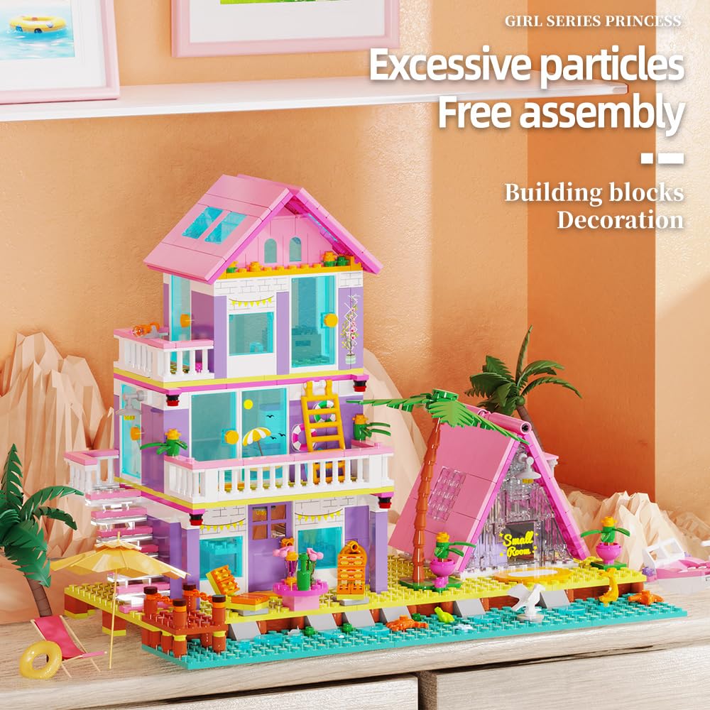 MindBox Girl Beach House Building Blocks – Seaside Villa with LED Light, 791 Pieces