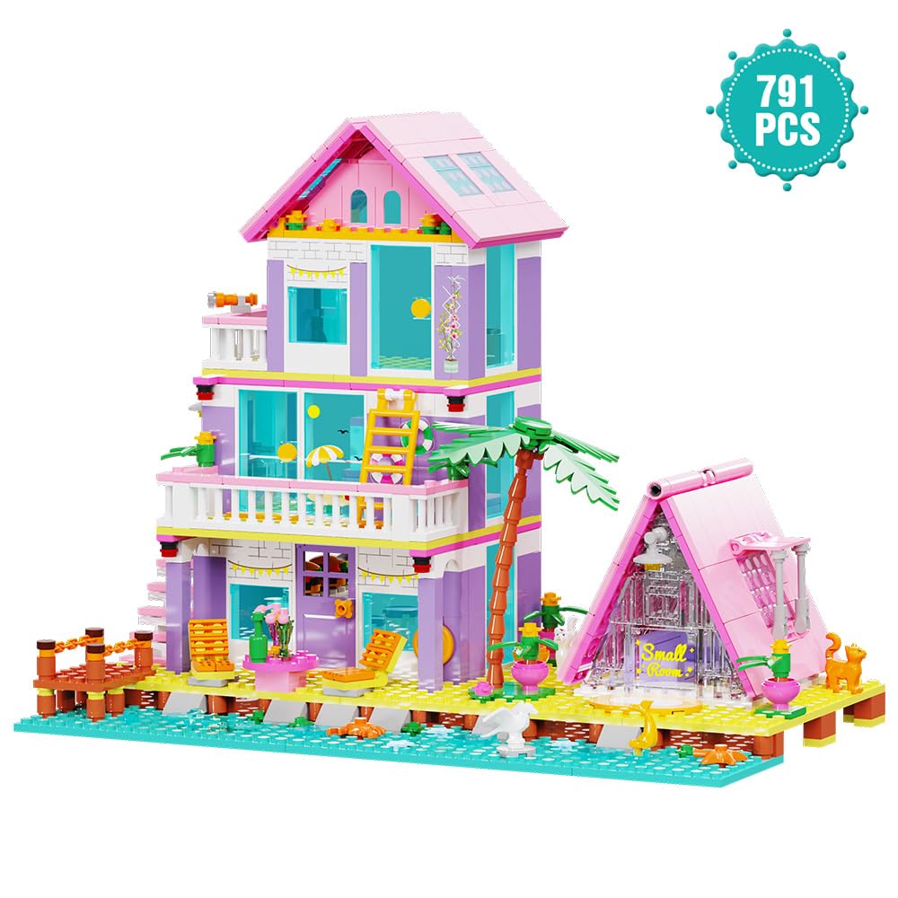 MindBox Girl Beach House Building Blocks – Seaside Villa with LED Light, 791 Pieces