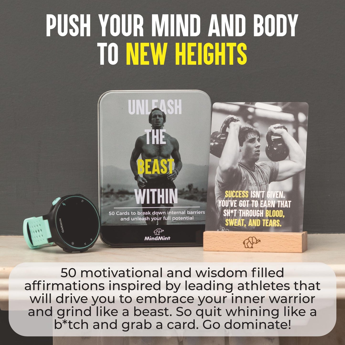 MindMint Motivational Affirmation Cards for Men – 50 Daily Quotes in Tin Box with Wooden Stand | Leadership & Wellness Gift