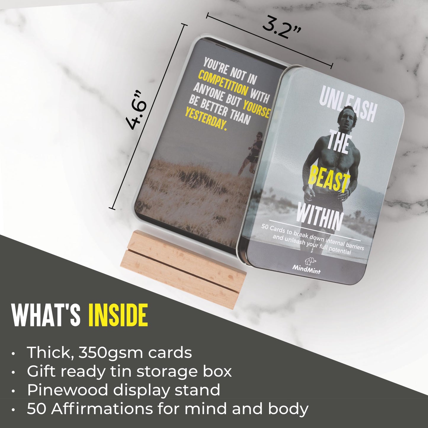 MindMint Motivational Affirmation Cards for Men – 50 Daily Quotes in Tin Box with Wooden Stand | Leadership & Wellness Gift