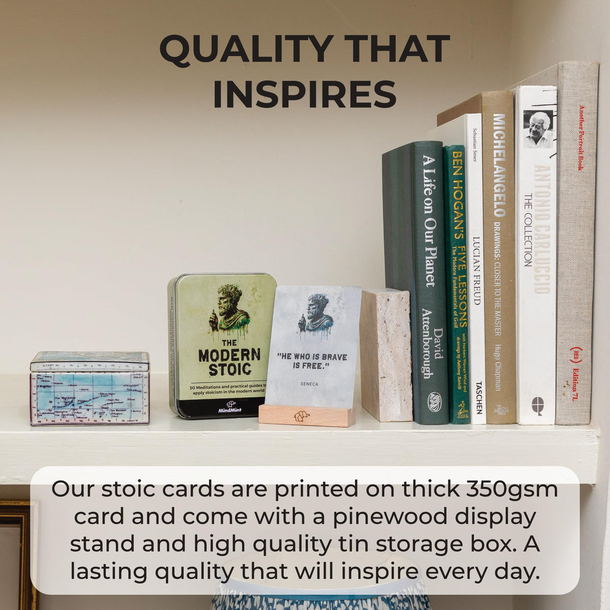 MindMint Daily Stoicism Affirmation Cards – 50 Quotes, Tin Box & Wood Stand (Desk Decor & Motivation)