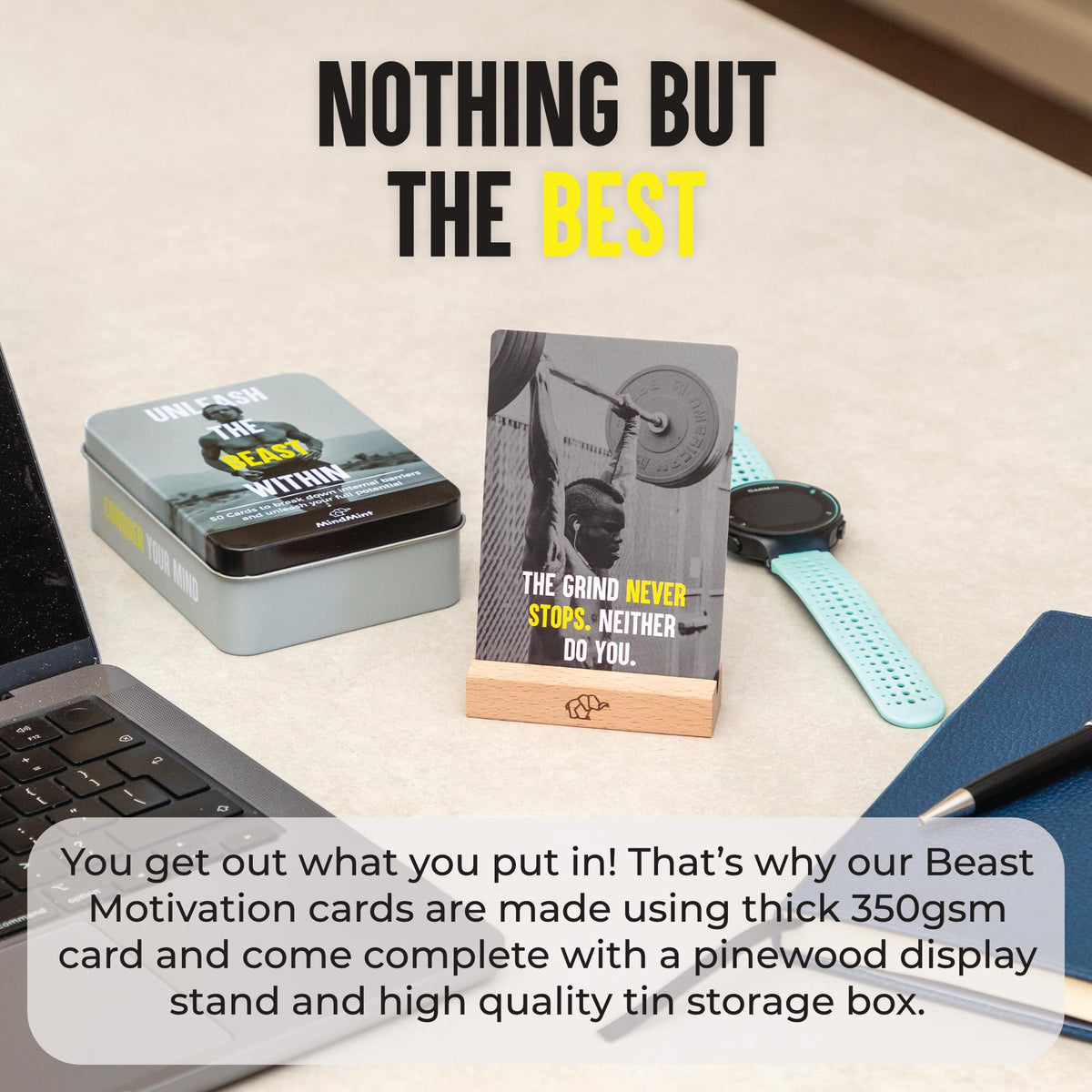 MindMint Motivational Affirmation Cards for Men – 50 Daily Quotes in Tin Box with Wooden Stand | Leadership & Wellness Gift