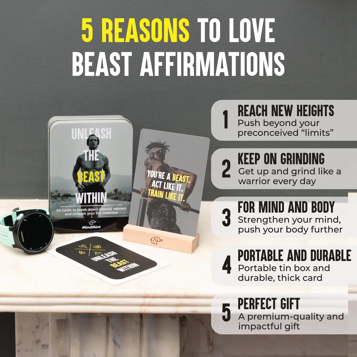 MindMint Motivational Affirmation Cards for Men – 50 Daily Quotes in Tin Box with Wooden Stand | Leadership & Wellness Gift