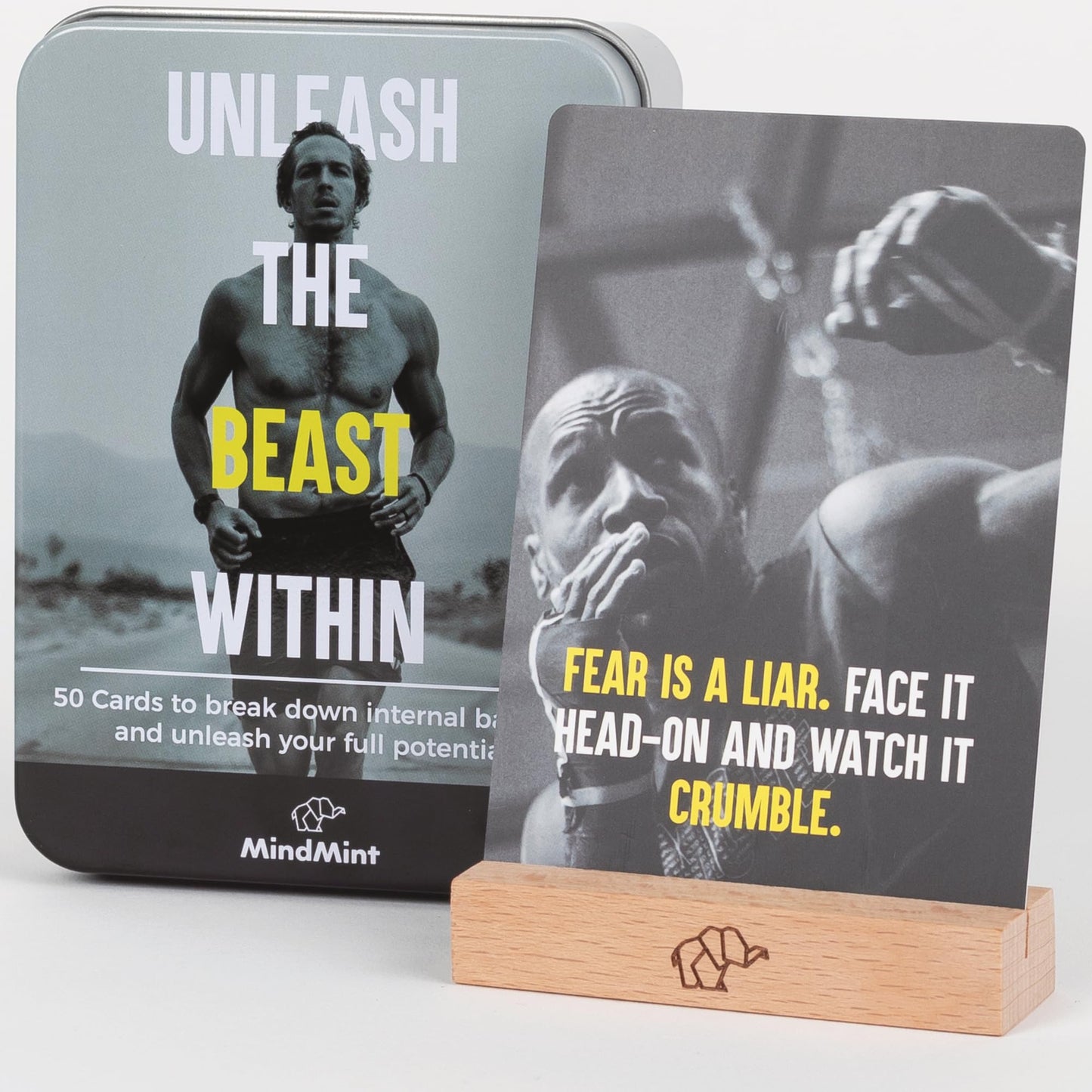 MindMint Motivational Affirmation Cards for Men – 50 Daily Quotes in Tin Box with Wooden Stand | Leadership & Wellness Gift